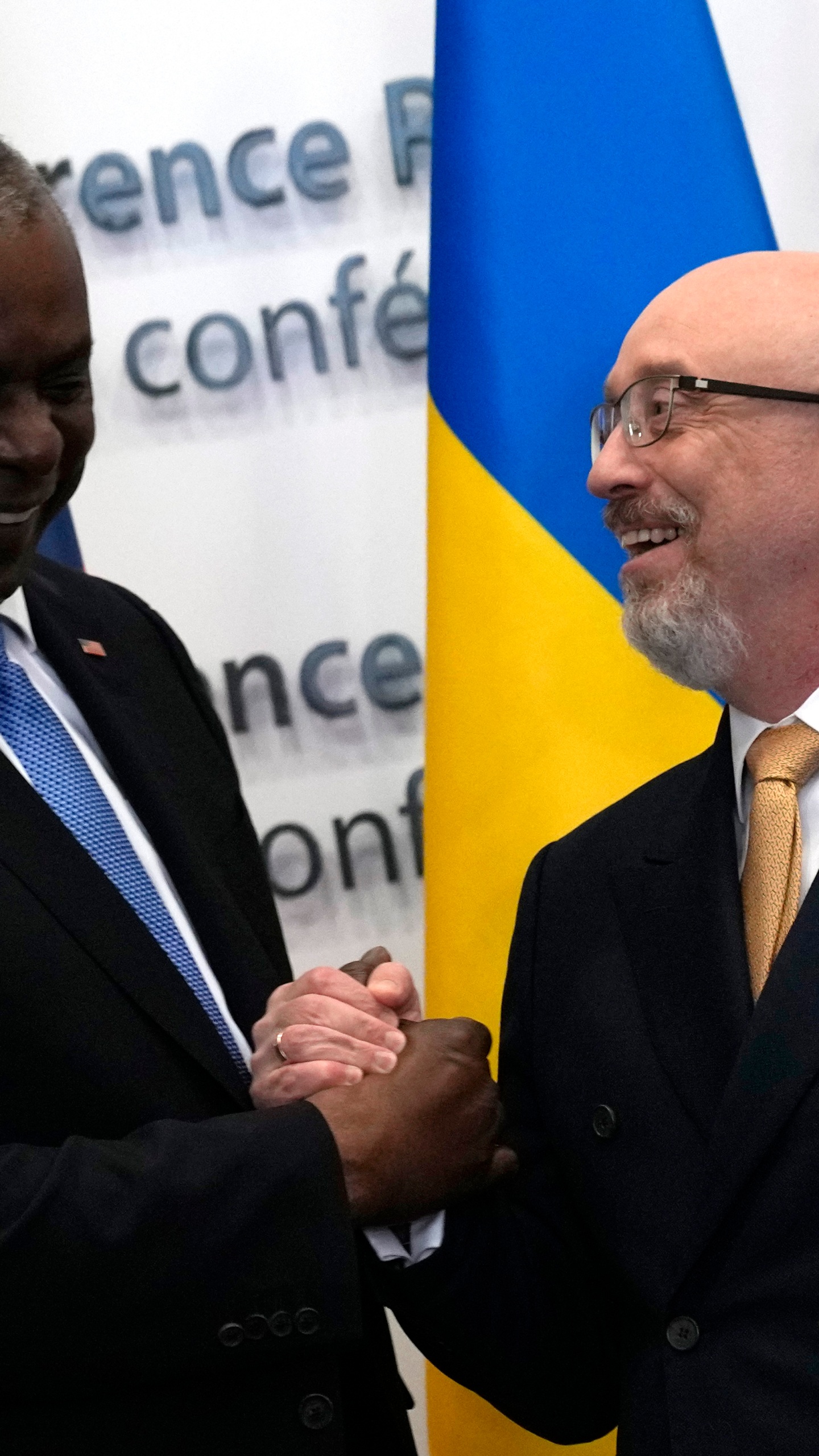 United States Secretary of Defense Lloyd Austin, left, greets Ukraine's Defense Minister Oleksiy Reznikov during a meeting on the sidelines of a NATO defense ministers meeting at NATO headquarters in Brussels, Thursday, June 15, 2023. NATO defense ministers are holding two days of meetings to discuss their support for Ukraine and ways to boost the defenses of eastern flank allies near Russia. A meeting of the Ukraine Contact Group will also be held to drum up more military aid for the war-torn country. (AP Photo/Virginia Mayo, Pool)