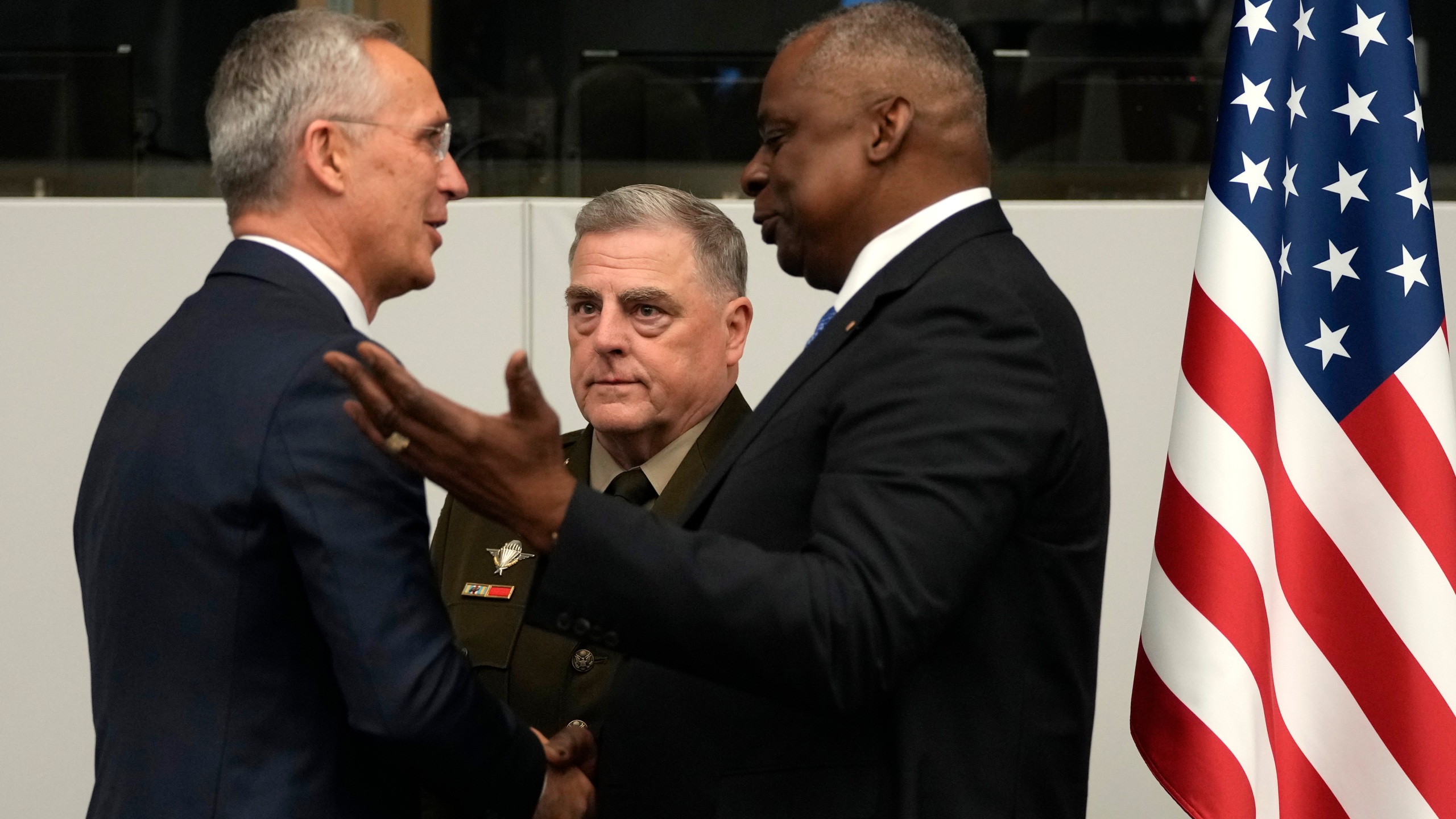 United States Secretary of Defense Lloyd Austin, right, greets NATO Secretary General Jens Stoltenberg, left, during a meeting of the Ukraine Defense Contact Group at NATO headquarters in Brussels, Thursday, June 15, 2023. NATO defense ministers are holding two days of meetings to discuss their support for Ukraine and ways to boost the defenses of eastern flank allies near Russia. A meeting of the Ukraine Contact Group is being held to drum up more military aid for the war-torn country. (AP Photo/Virginia Mayo)
